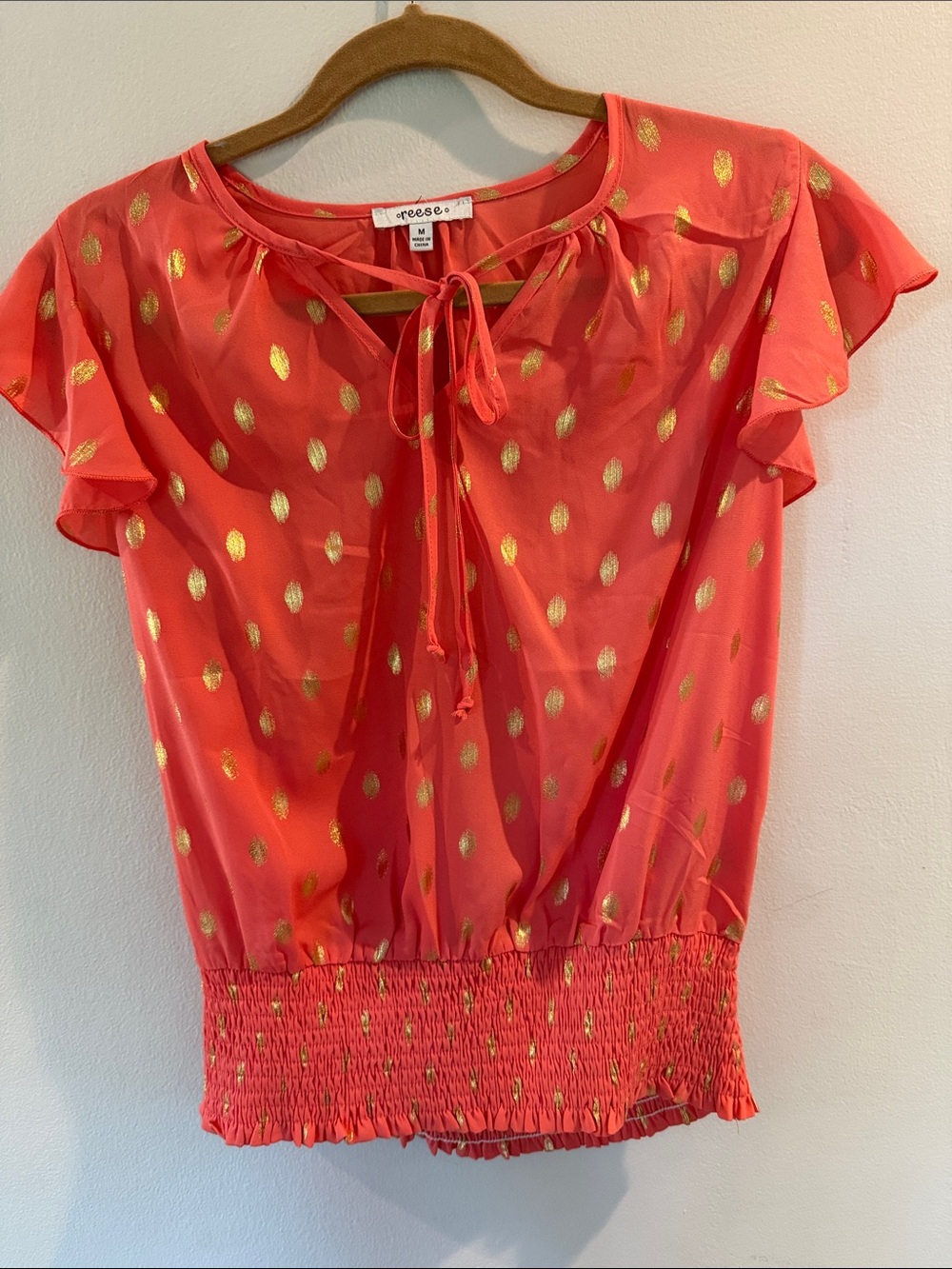 Reese Coral Tie-Neck Flutter Sleeve Blouse with Gold Dot Detail